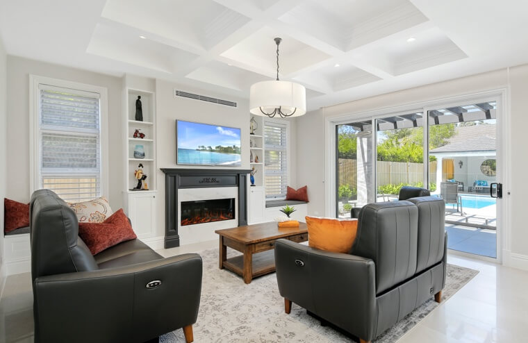 A newly designed living room with fireplace in Sydney