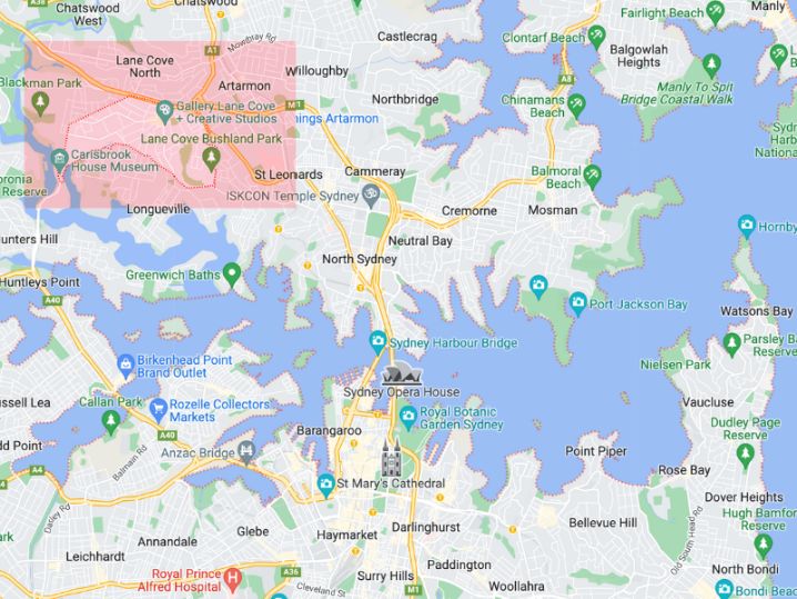 Google map of lane cove sydney